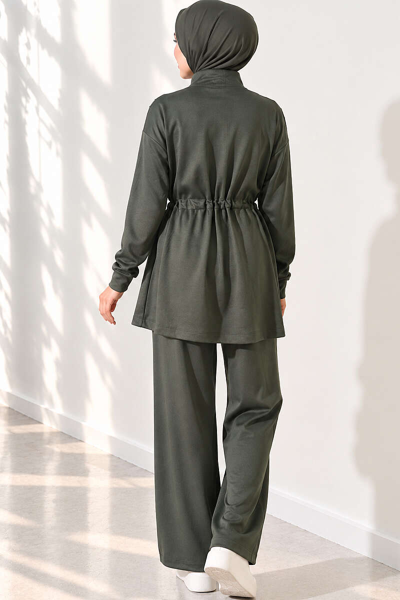 Topstitched Two-Piece Set with Drawstring Waist - Khaki