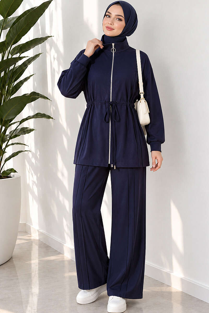 Topstitched Two-Piece Set with Drawstring Waist - Navy