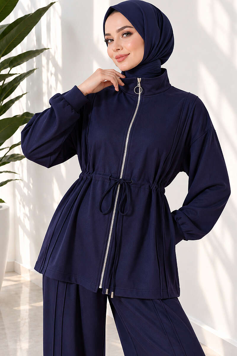 Topstitched Two-Piece Set with Drawstring Waist - Navy