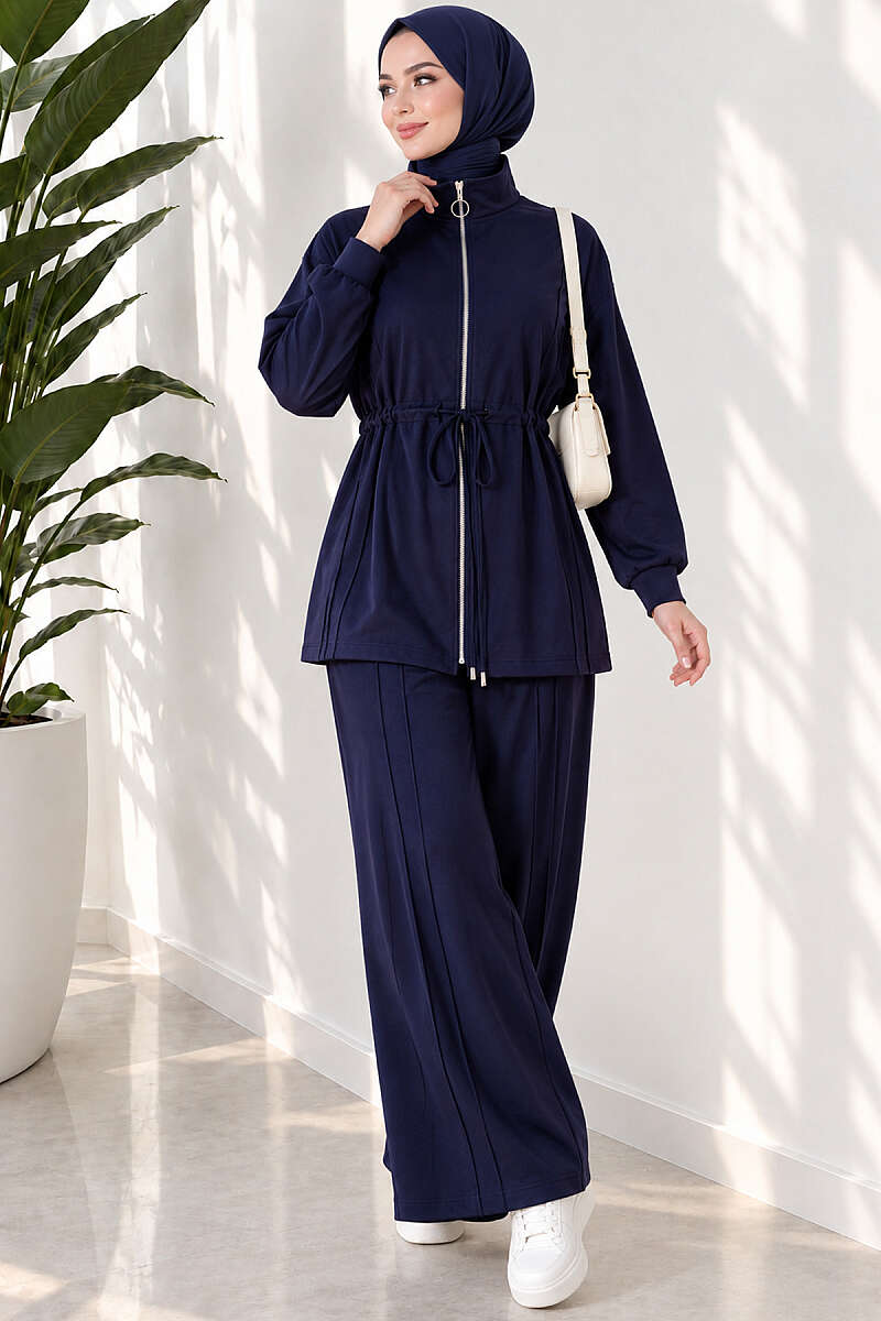 Topstitched Two-Piece Set with Drawstring Waist - Navy
