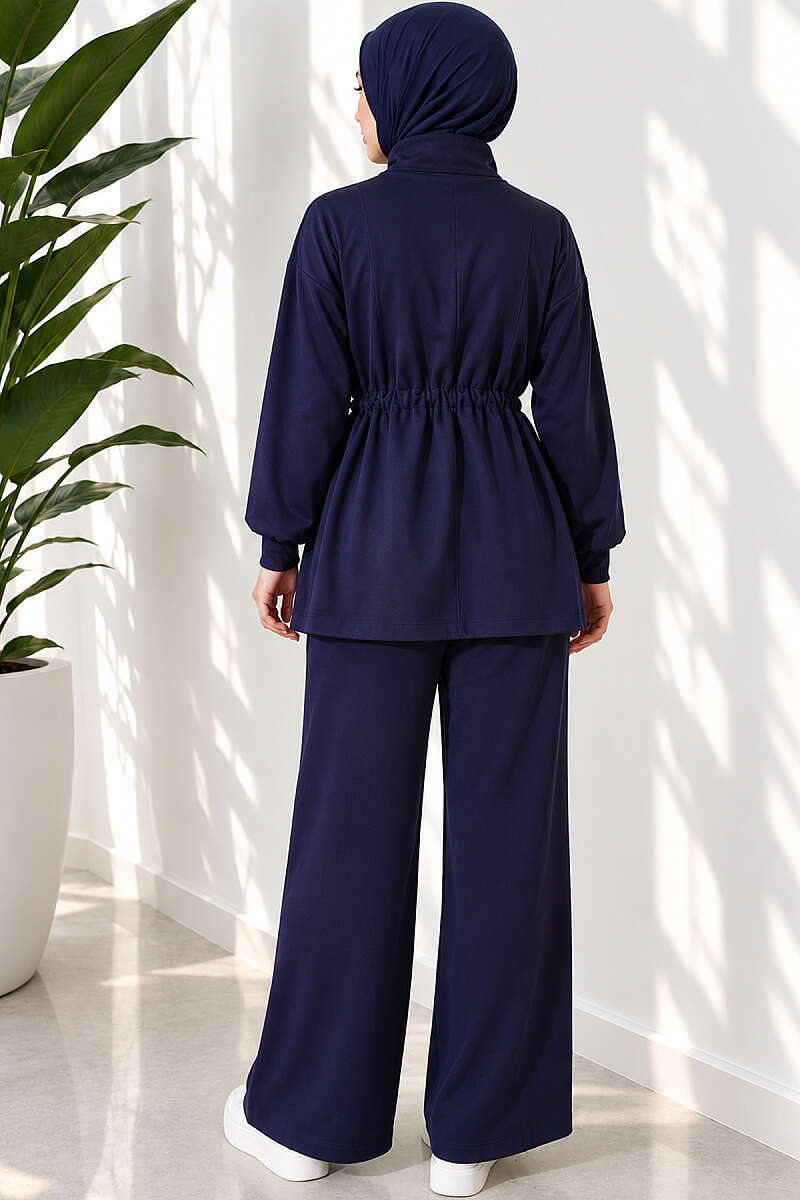 Topstitched Two-Piece Set with Drawstring Waist - Navy