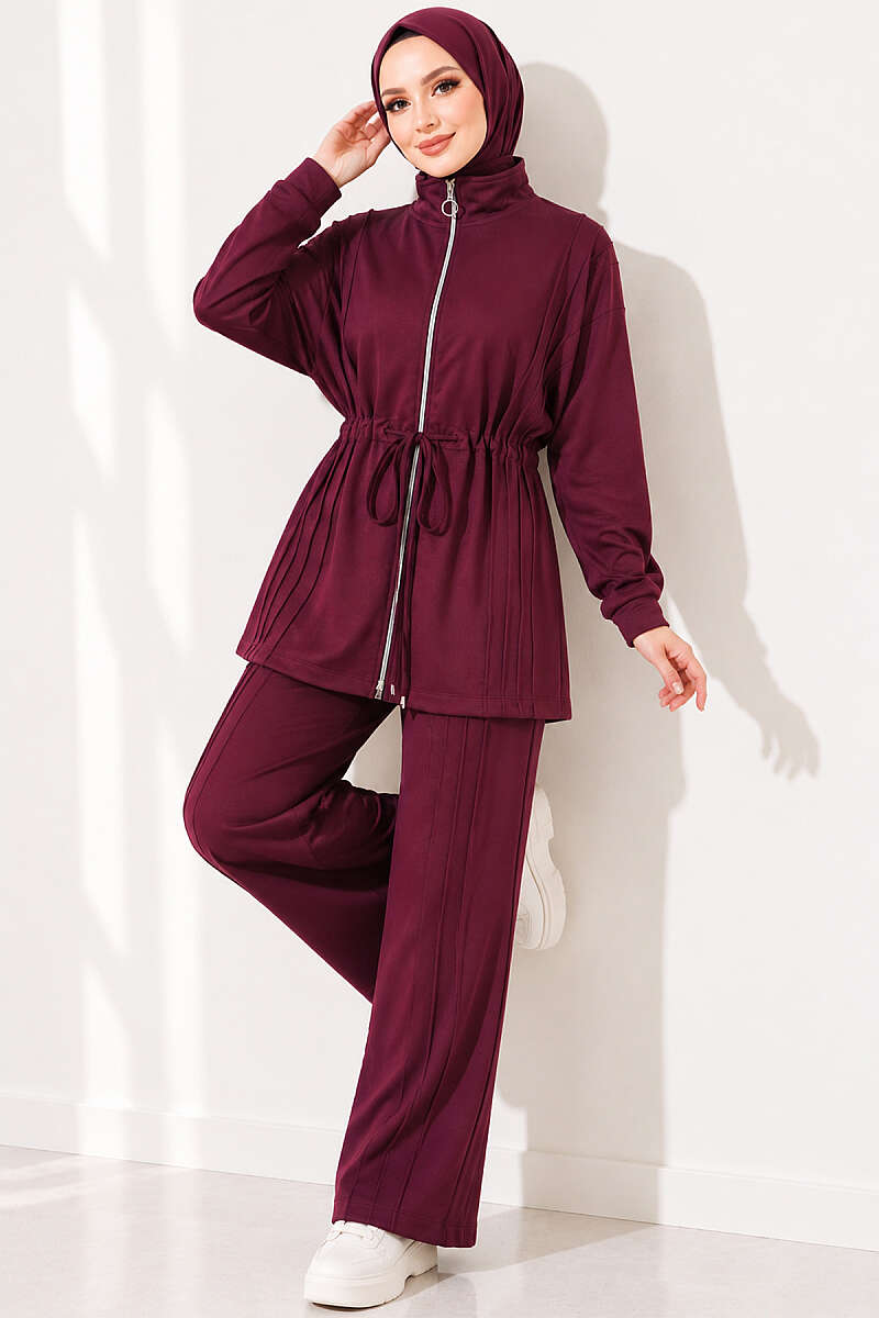 Topstitched Two-Piece Set with Drawstring Waist - Plum