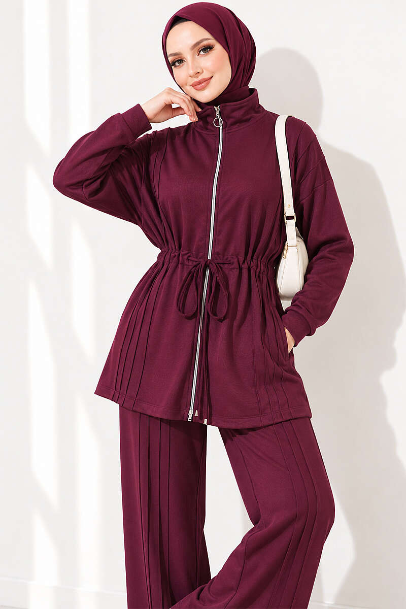 Topstitched Two-Piece Set with Drawstring Waist - Plum