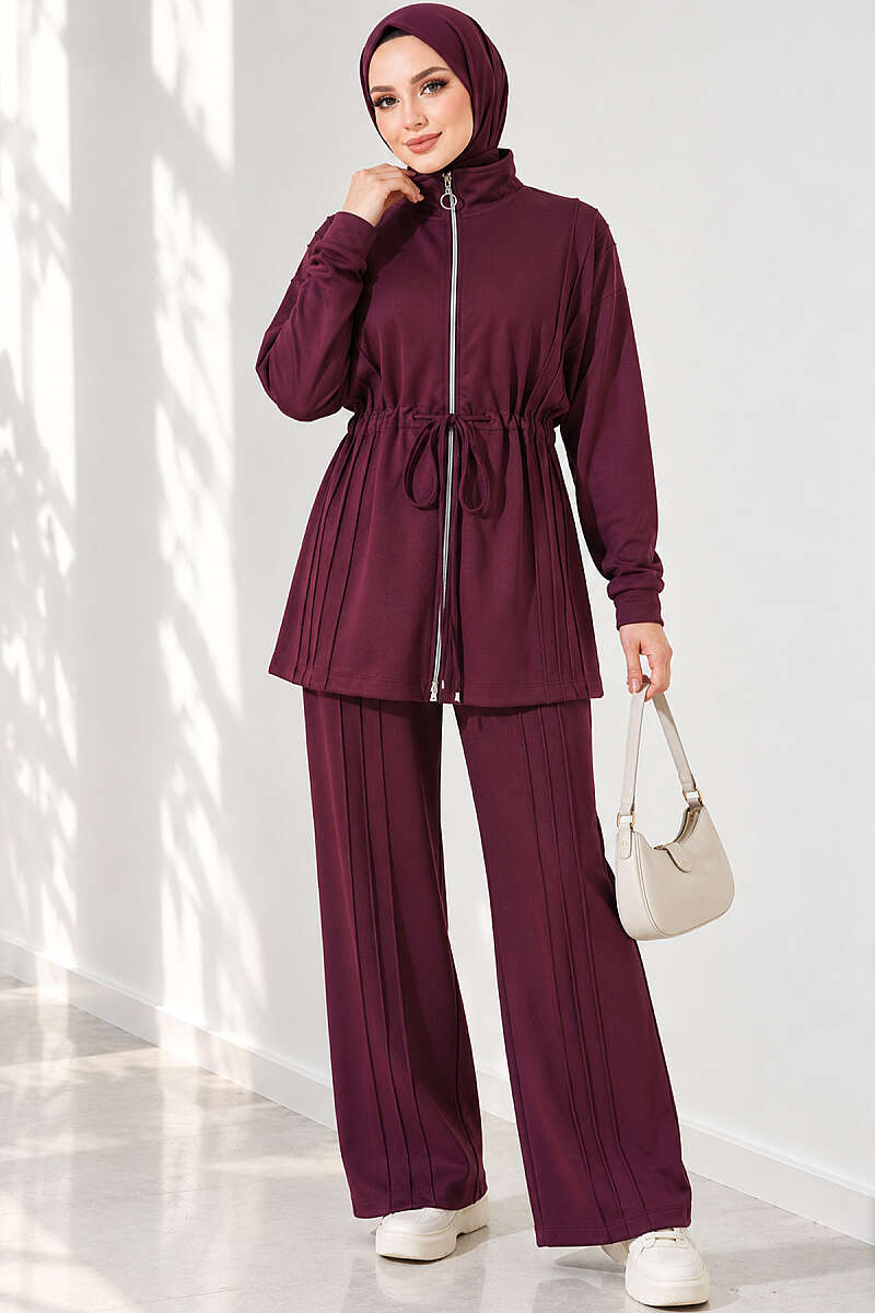 Topstitched Two-Piece Set with Drawstring Waist - Plum