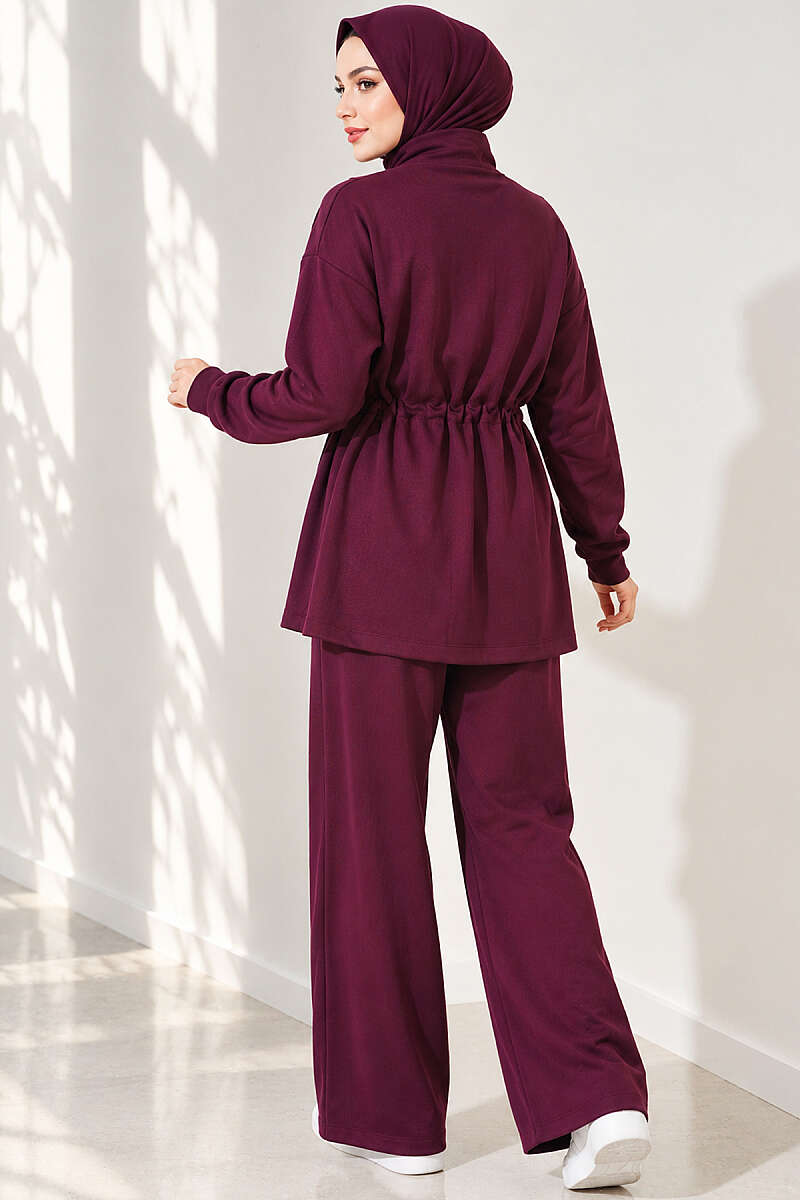 Topstitched Two-Piece Set with Drawstring Waist - Plum