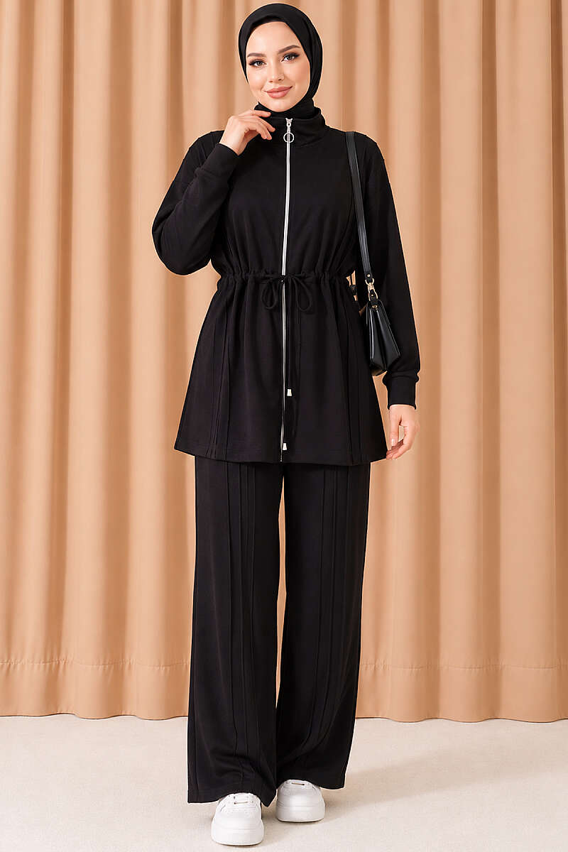 Topstitched Two-Piece Set with Drawstring Waist - Black