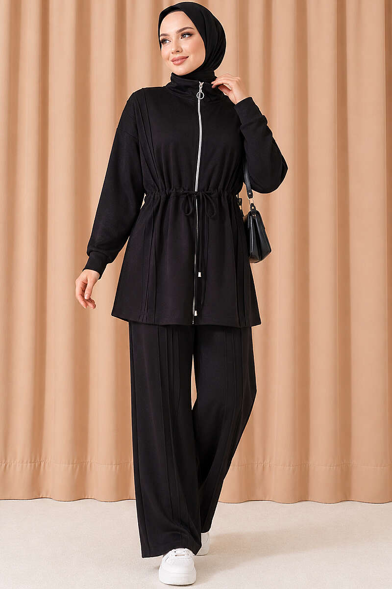Topstitched Two-Piece Set with Drawstring Waist - Black
