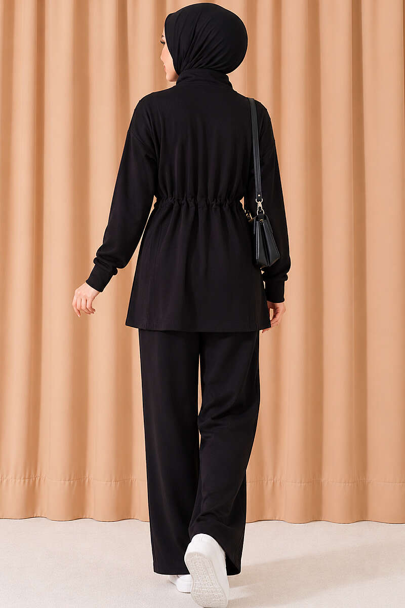 Topstitched Two-Piece Set with Drawstring Waist - Black
