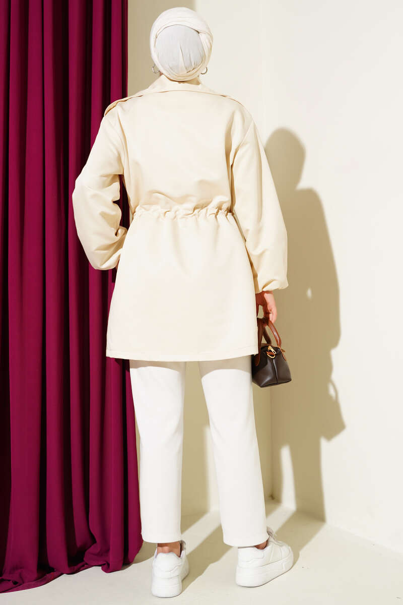 Trench Coat with Snap Buttons and Drawstring Waist - Beige