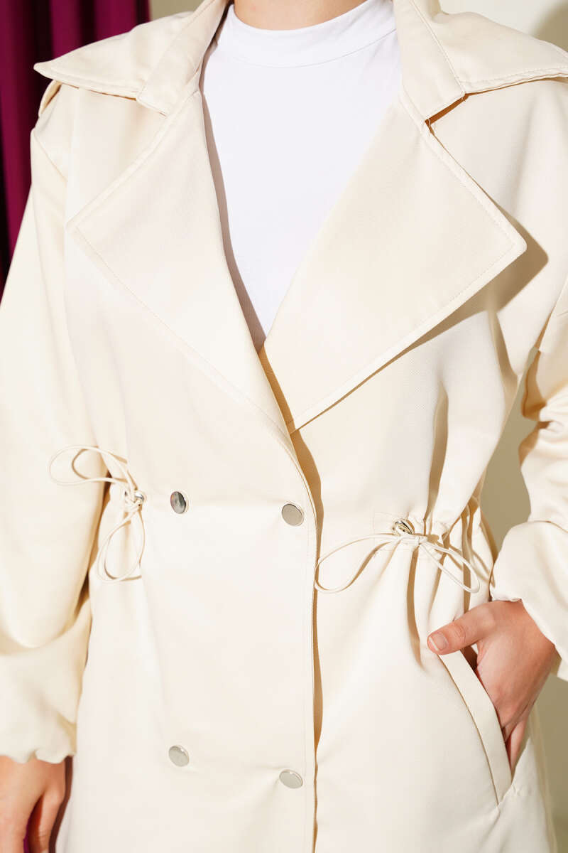 Trench Coat with Snap Buttons and Drawstring Waist - Beige