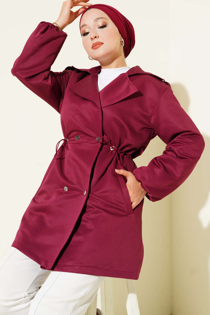 Trench Coat with Snap Buttons and Drawstring Waist - Burgundy
