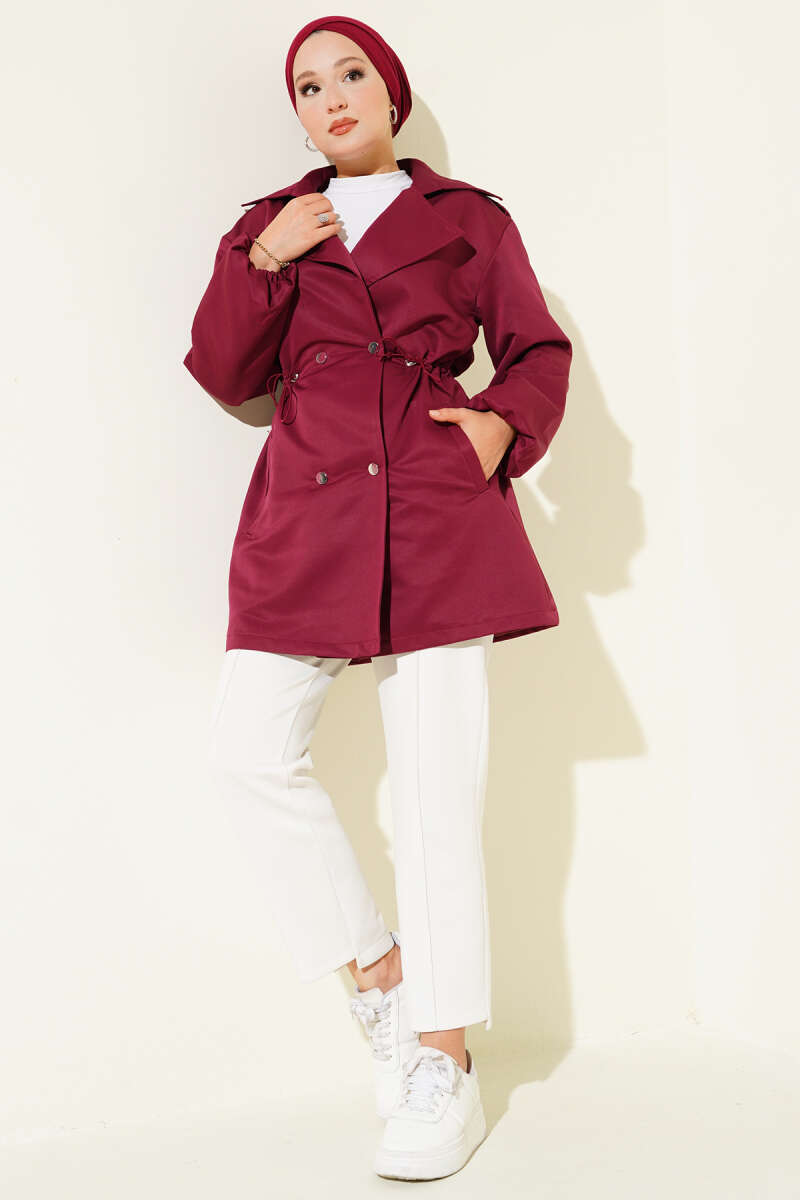 Trench Coat with Snap Buttons and Drawstring Waist - Burgundy