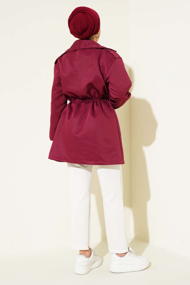 Trench Coat with Snap Buttons and Drawstring Waist - Burgundy