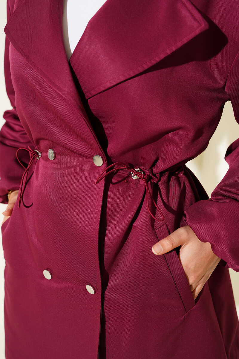 Trench Coat with Snap Buttons and Drawstring Waist - Burgundy