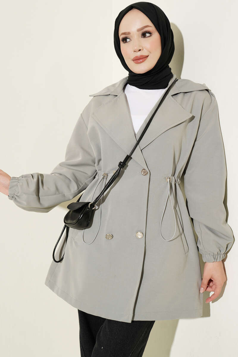 Trench Coat with Snap Buttons and Drawstring Waist - Grey