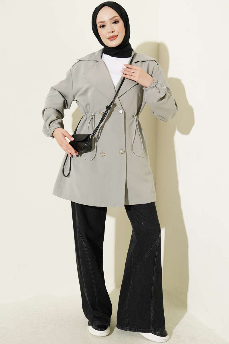 Trench Coat with Snap Buttons and Drawstring Waist - Grey