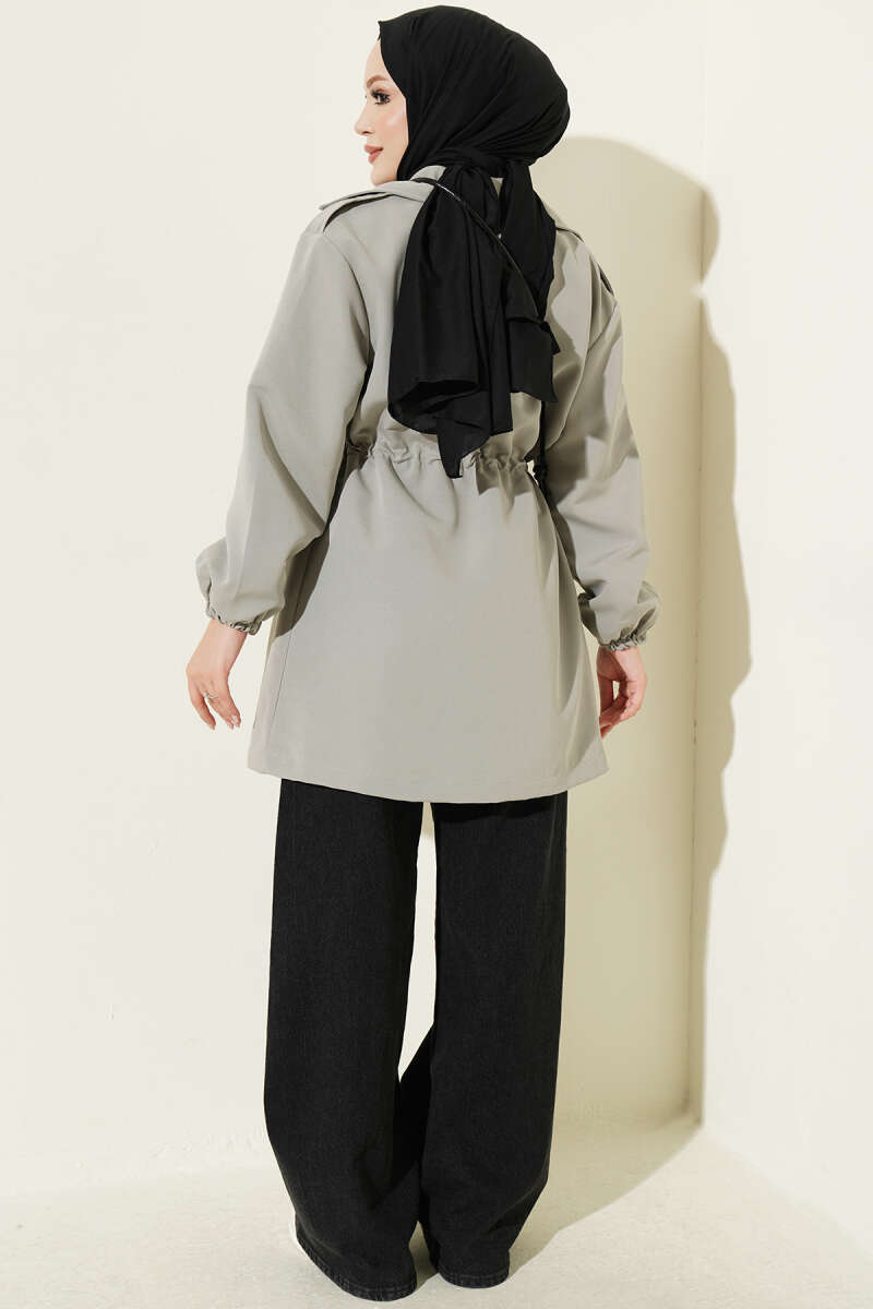 Trench Coat with Snap Buttons and Drawstring Waist - Grey