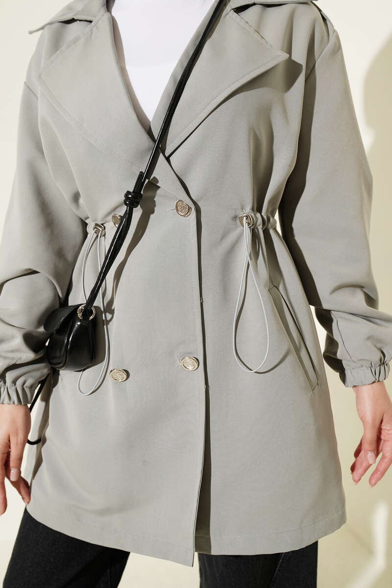 Trench Coat with Snap Buttons and Drawstring Waist - Grey
