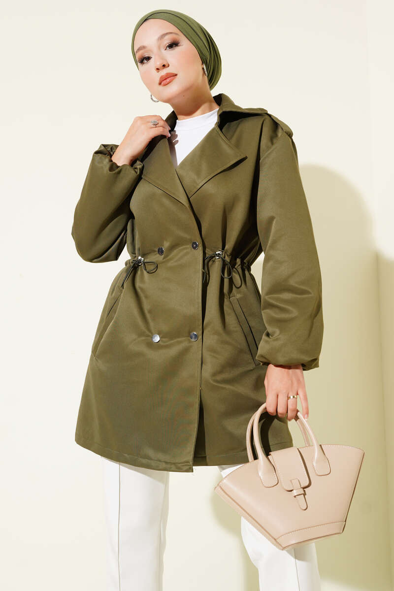 Trench Coat with Snap Buttons and Drawstring Waist - Khaki