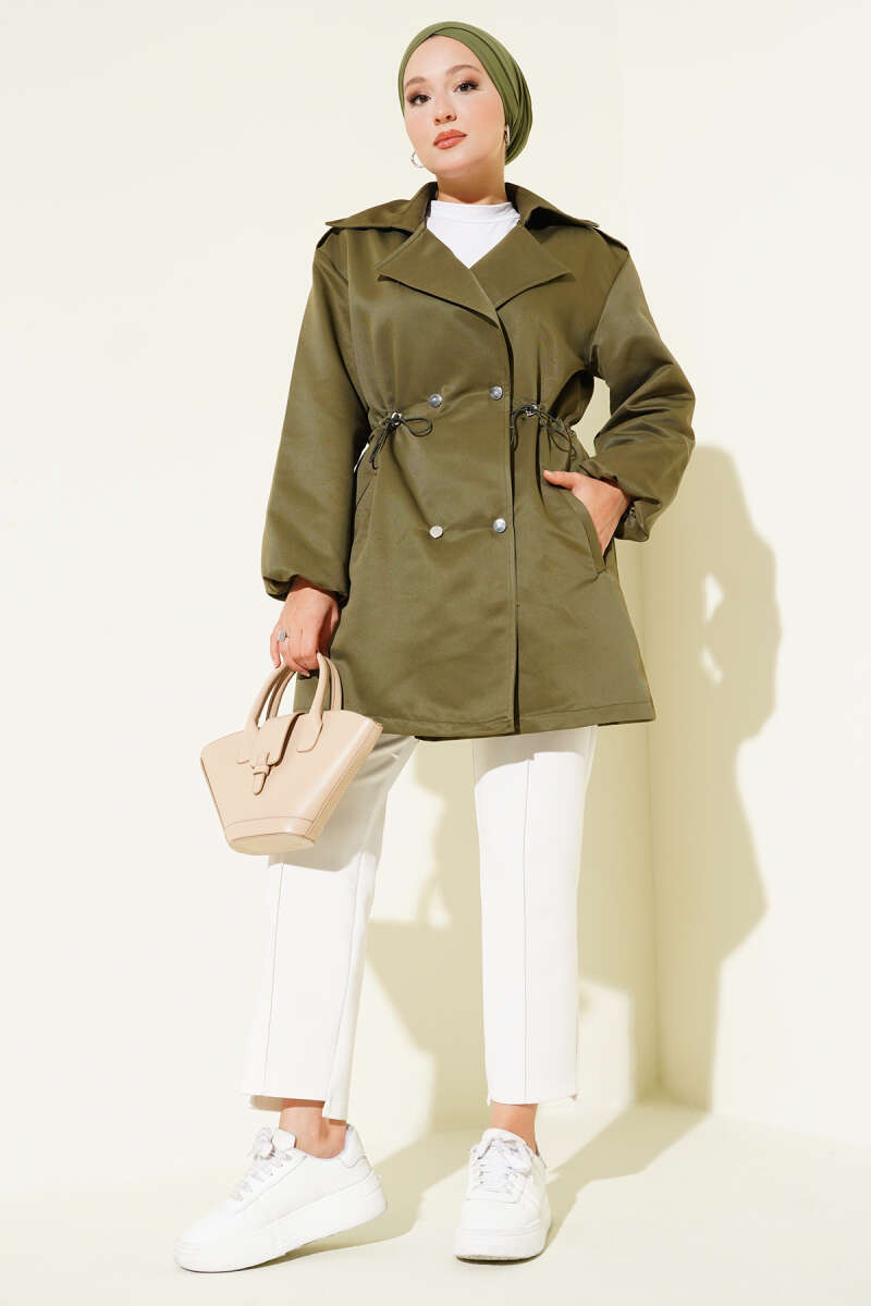 Trench Coat with Snap Buttons and Drawstring Waist - Khaki