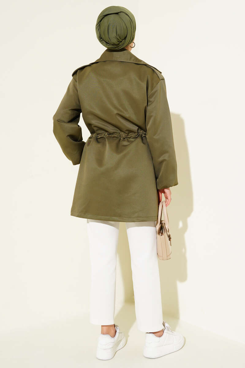 Trench Coat with Snap Buttons and Drawstring Waist - Khaki