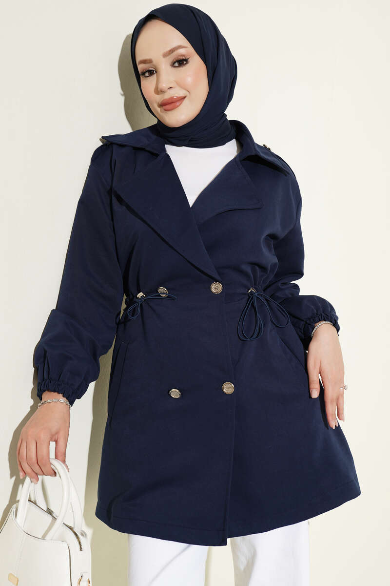 Trench Coat with Snap Buttons and Drawstring Waist - Navy