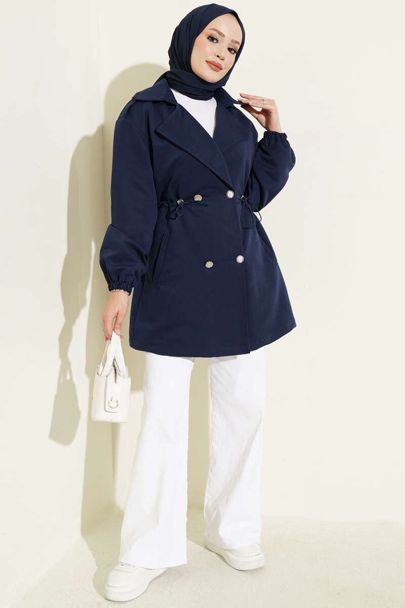 Trench Coat with Snap Buttons and Drawstring Waist - Navy