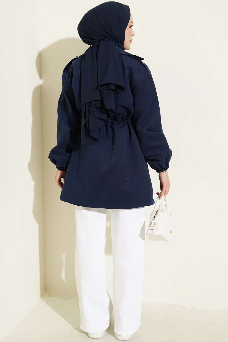 Trench Coat with Snap Buttons and Drawstring Waist - Navy