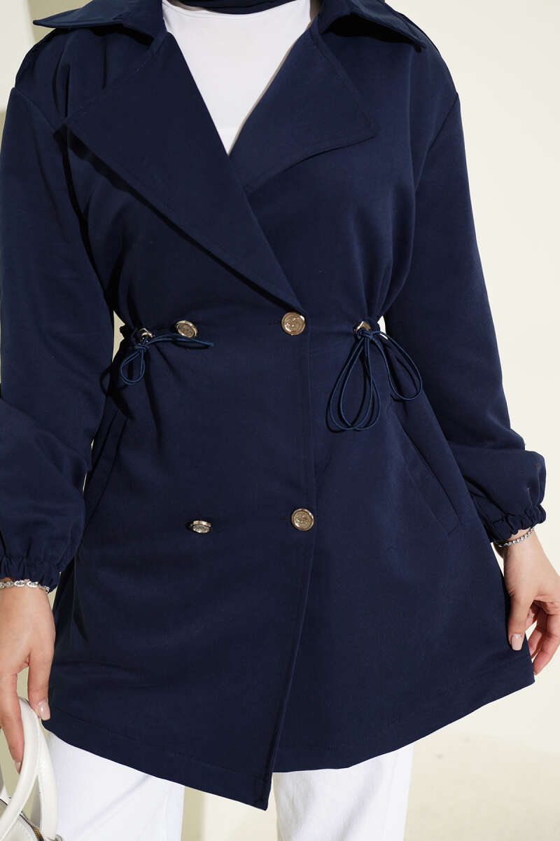 Trench Coat with Snap Buttons and Drawstring Waist - Navy