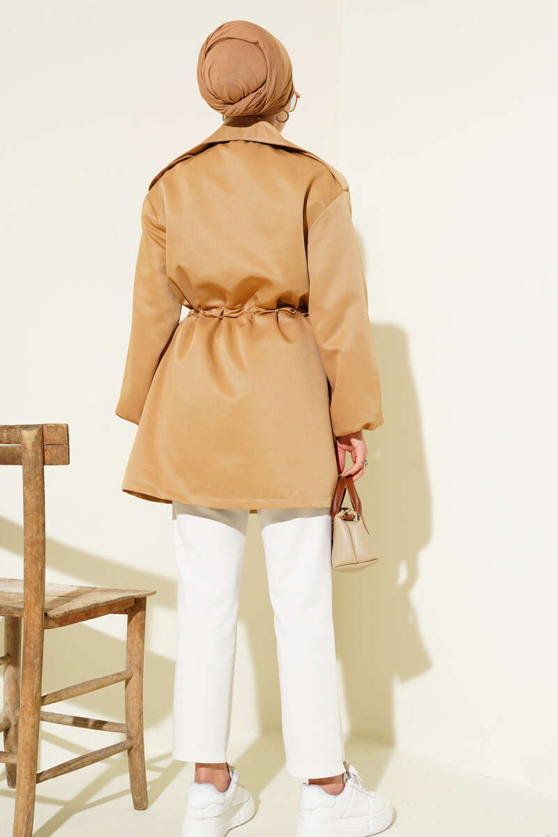 Trench Coat with Snap Buttons and Drawstring Waist - Latte