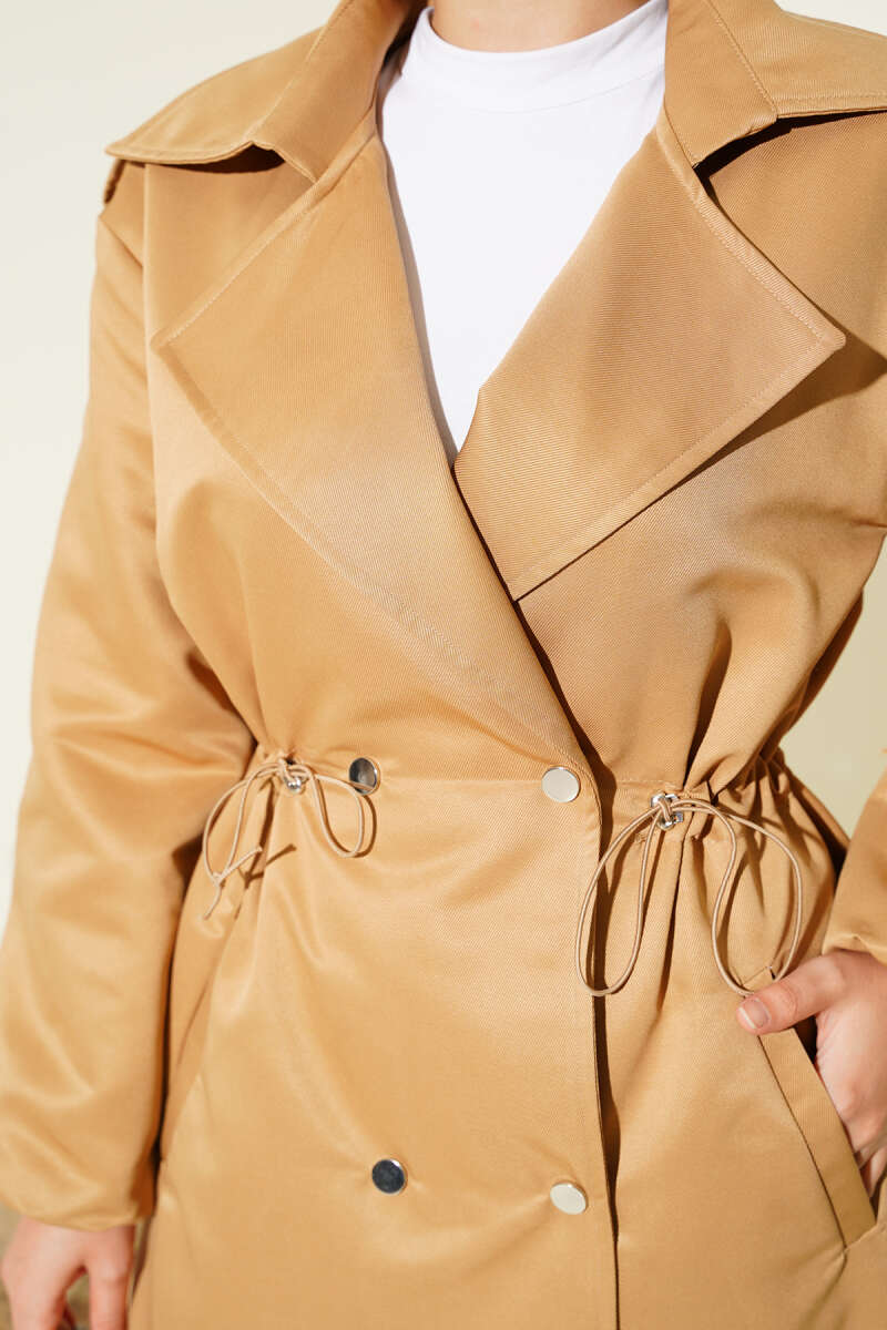 Trench Coat with Snap Buttons and Drawstring Waist - Latte