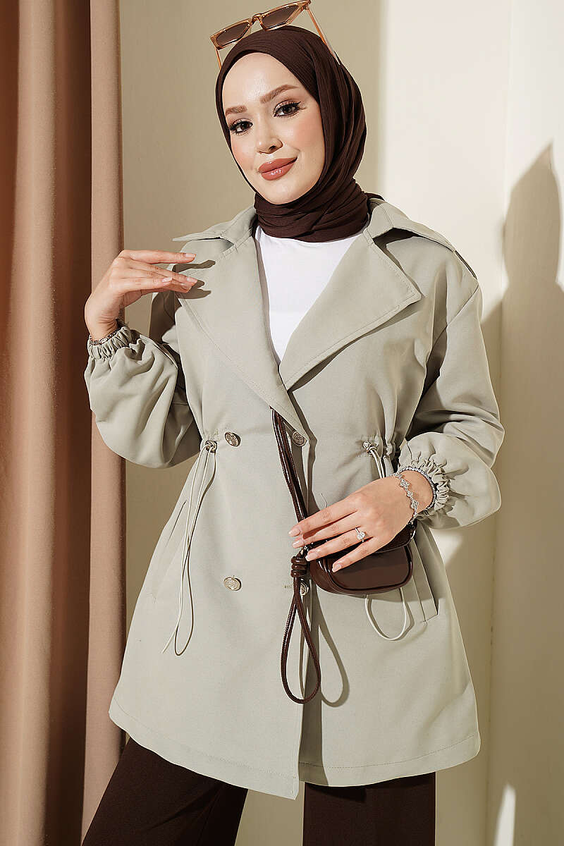 Trench Coat with Snap Buttons and Drawstring Waist - Mint