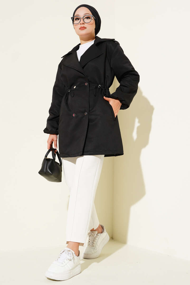 Trench Coat with Snap Buttons and Drawstring Waist - Black