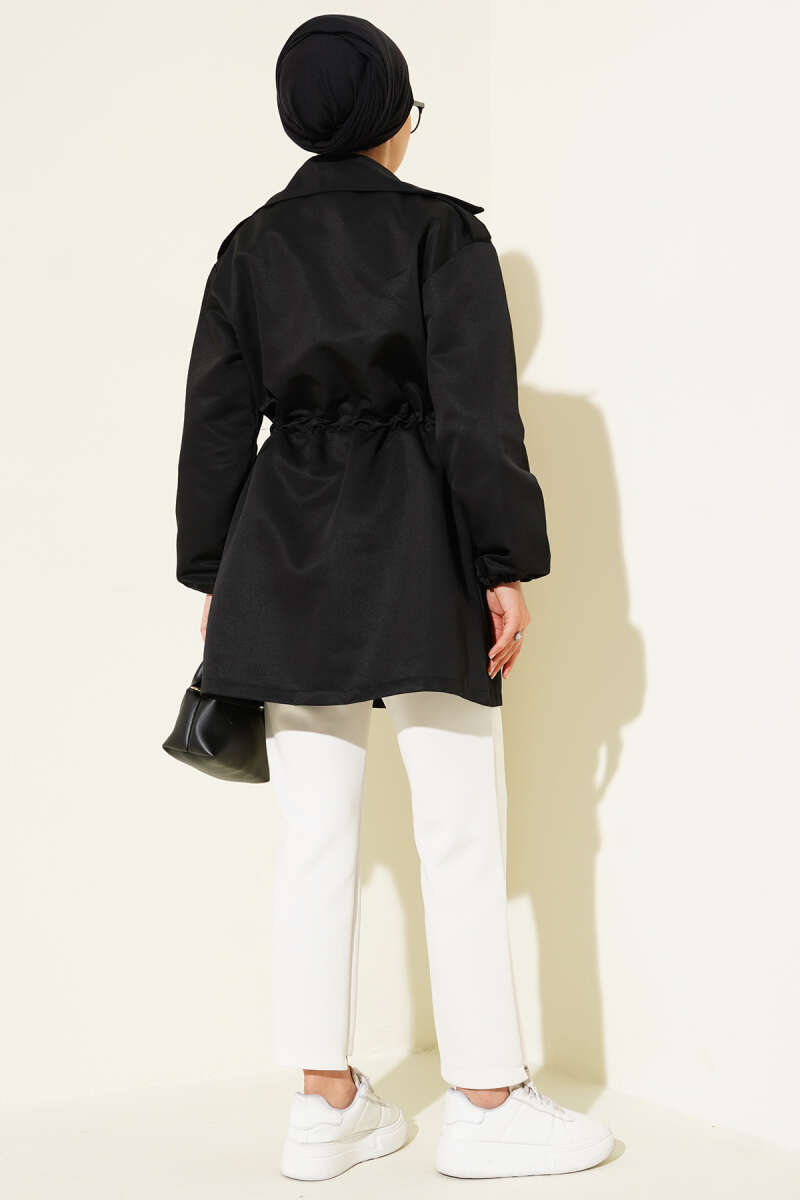 Trench Coat with Snap Buttons and Drawstring Waist - Black