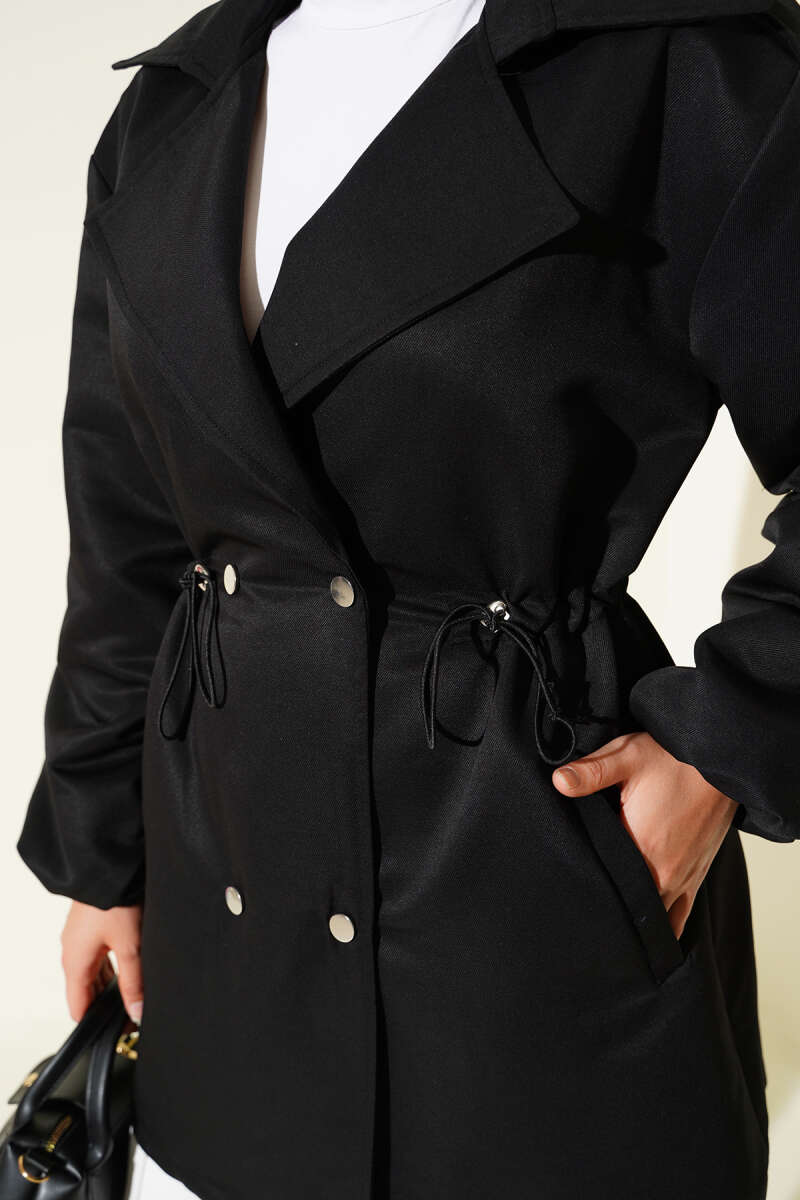 Trench Coat with Snap Buttons and Drawstring Waist - Black