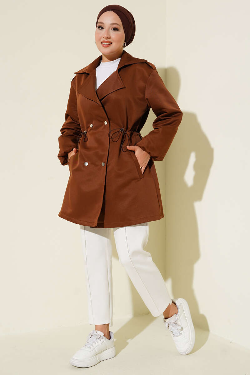 Trench Coat with Snap Buttons and Drawstring Waist - Tan