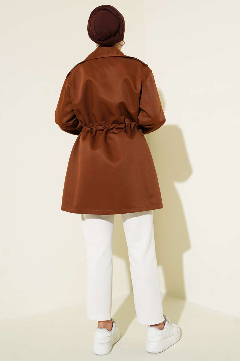 Trench Coat with Snap Buttons and Drawstring Waist - Tan
