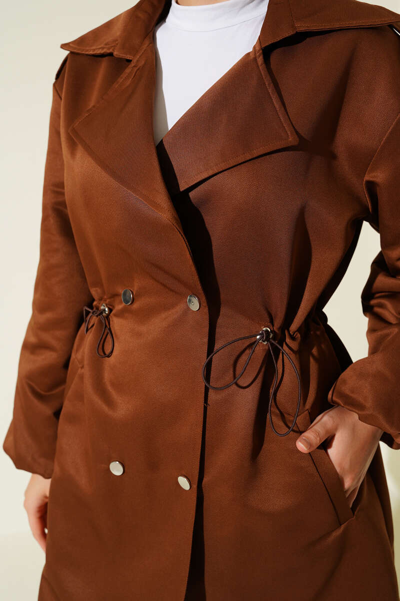 Trench Coat with Snap Buttons and Drawstring Waist - Tan