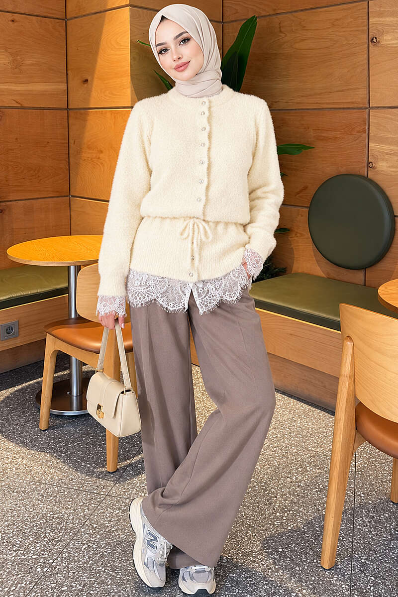 Brushed Cardigan with Lace and Drawstring Waist - Beige