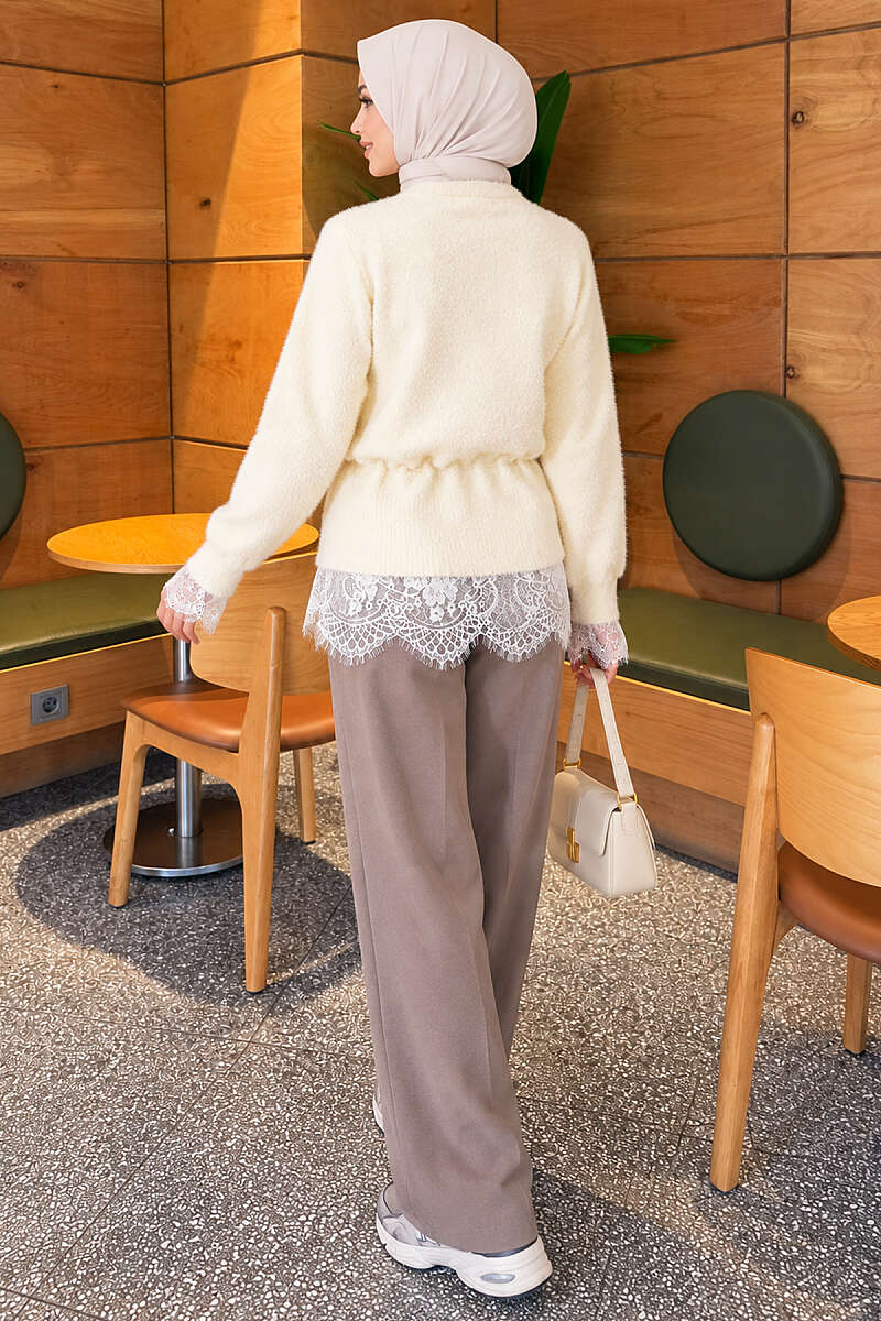 Brushed Cardigan with Lace and Drawstring Waist - Beige
