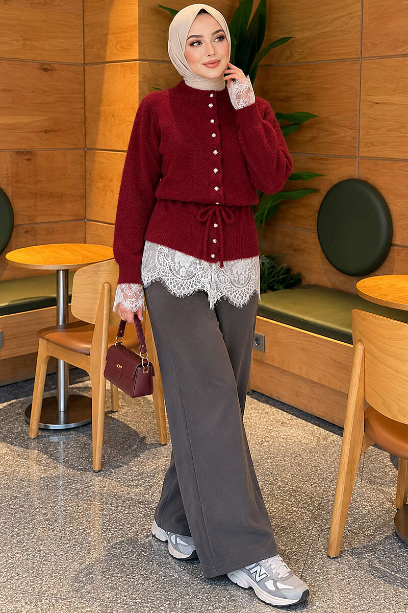 Brushed Cardigan with Lace and Drawstring Waist - Burgundy