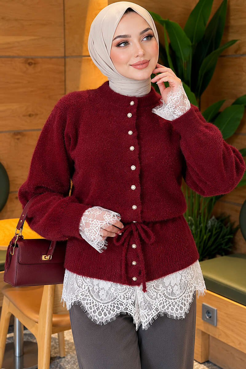 Brushed Cardigan with Lace and Drawstring Waist - Burgundy