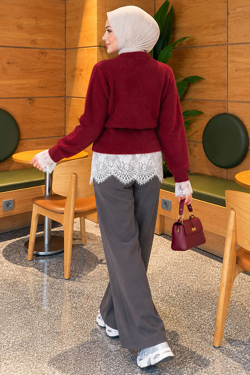 Brushed Cardigan with Lace and Drawstring Waist - Burgundy