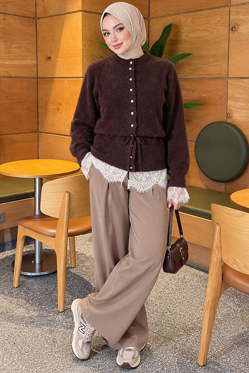 Brushed Cardigan with Lace and Drawstring Waist - Brown