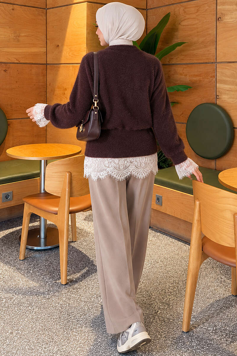 Brushed Cardigan with Lace and Drawstring Waist - Brown