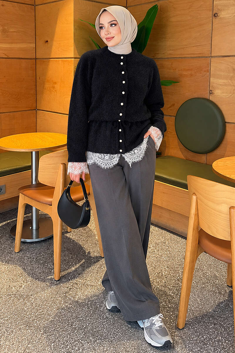 Brushed Cardigan with Lace and Drawstring Waist - Black