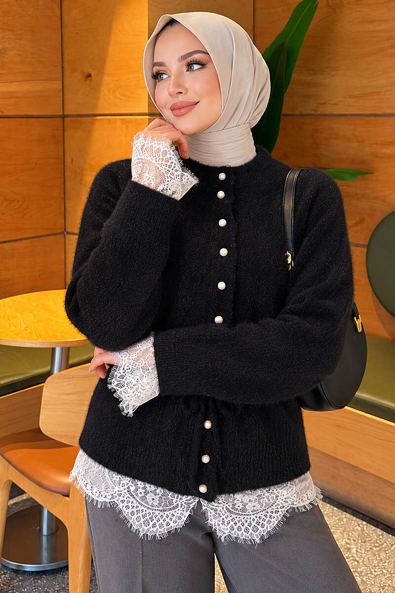 Brushed Cardigan with Lace and Drawstring Waist - Black