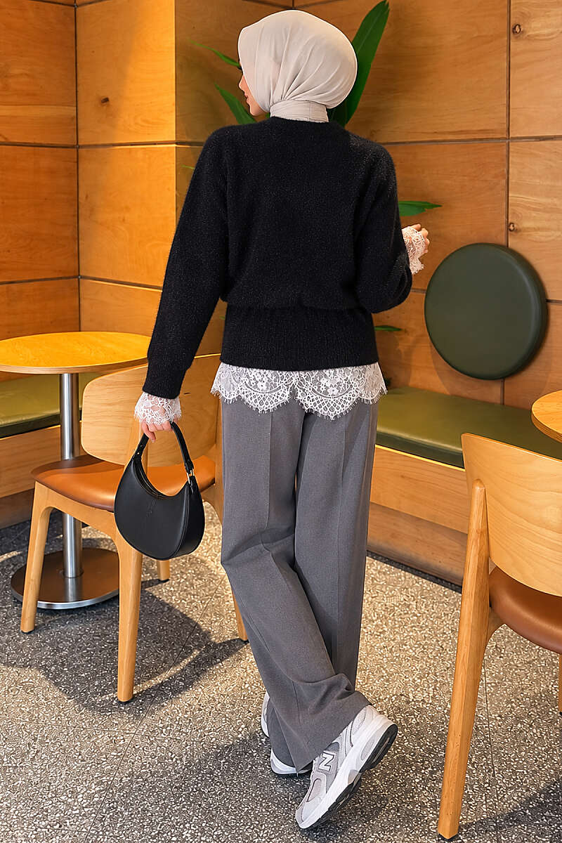 Brushed Cardigan with Lace and Drawstring Waist - Black