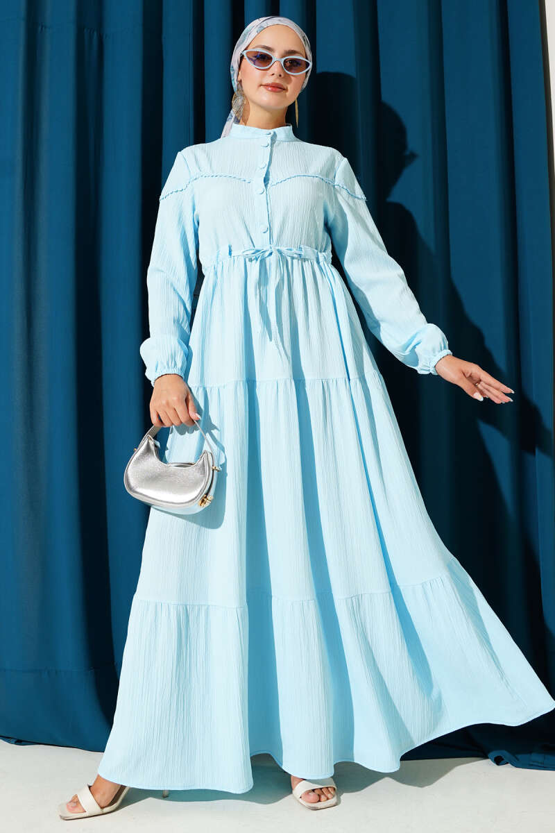 Crinkle Button Dress with Drawstring Waist - Light Blue