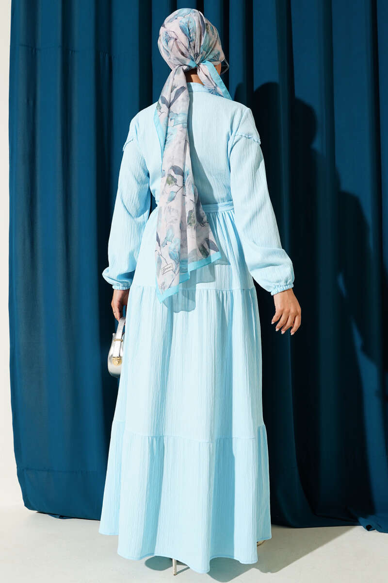 Crinkle Button Dress with Drawstring Waist - Light Blue